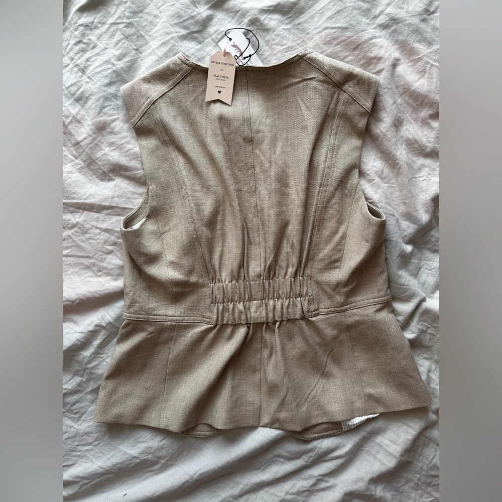 Maison d’Amélie Paris Tailored Vest Beige Linen Blend Peplum Waistcoat Elegant - Picture 6 of 7